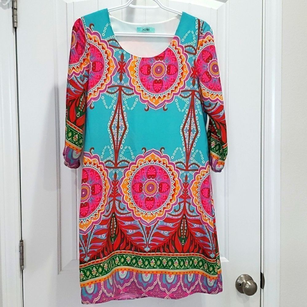 KARLIE Women’s 3/4 sleeve abstract Midi Dress, Size Small